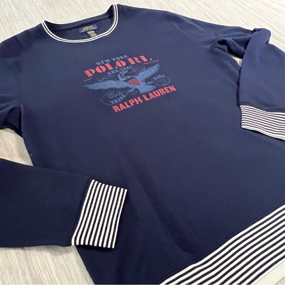 Polo Shirt Ralph Lauren Navy Blue Polo Eagle Logo Waffle Knit Crewneck - Picture 5 of 13